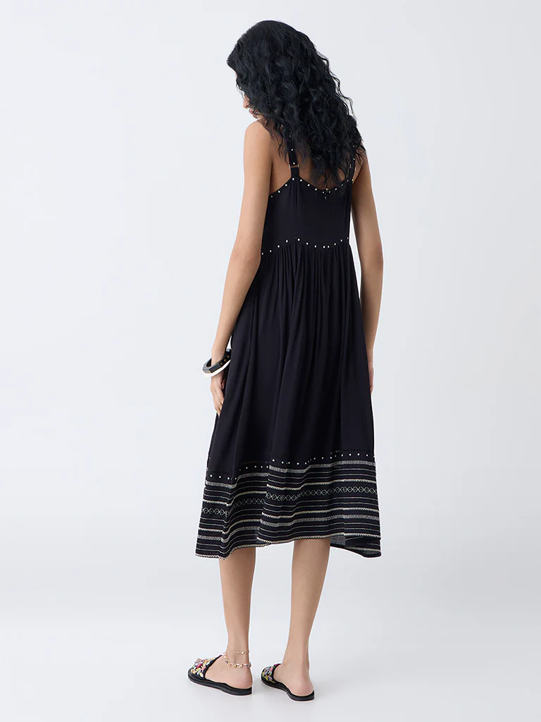 Bombay Paisley Black Embroidered A-Line Dress - Image 4