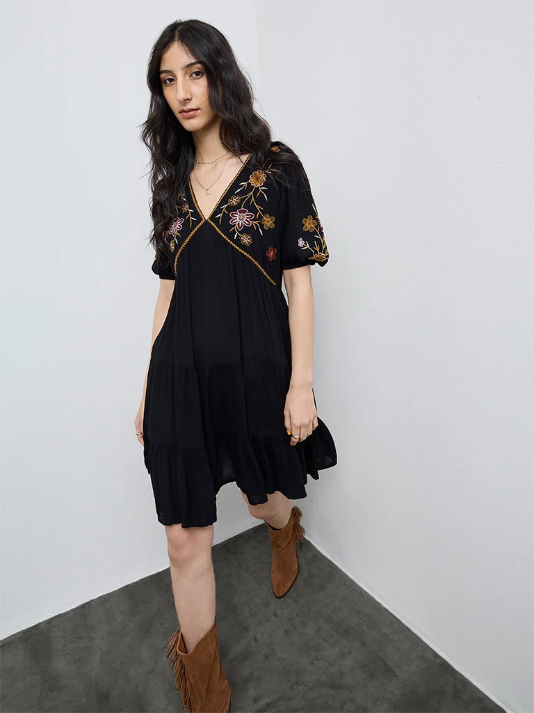 Bombay Paisley Black Embroidered Cotton A-Line Dress - Image 3