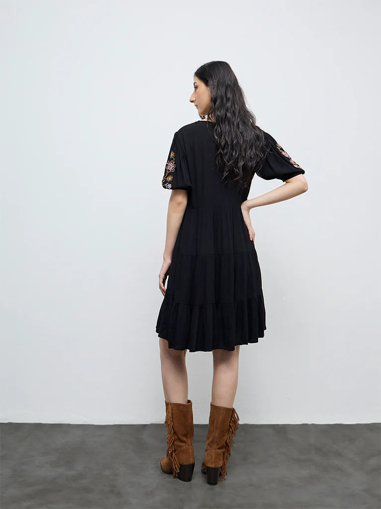 Bombay Paisley Black Embroidered Cotton A-Line Dress - Image 4