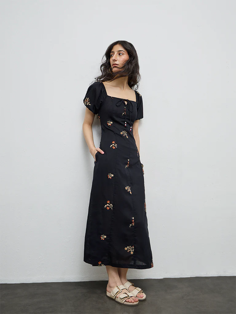 Bombay Paisley Black Embroidered Cotton A-Line Dress - Image 2