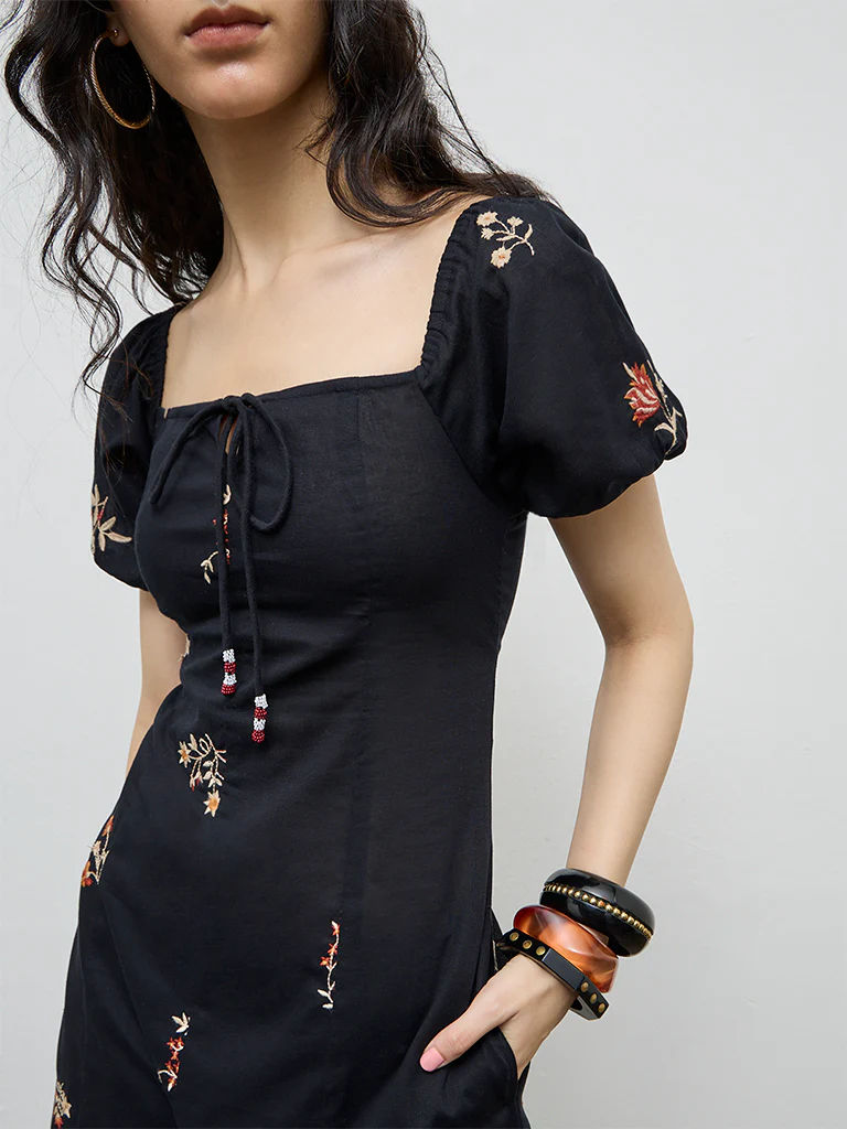 Bombay Paisley Black Embroidered Cotton A-Line Dress - Image 3