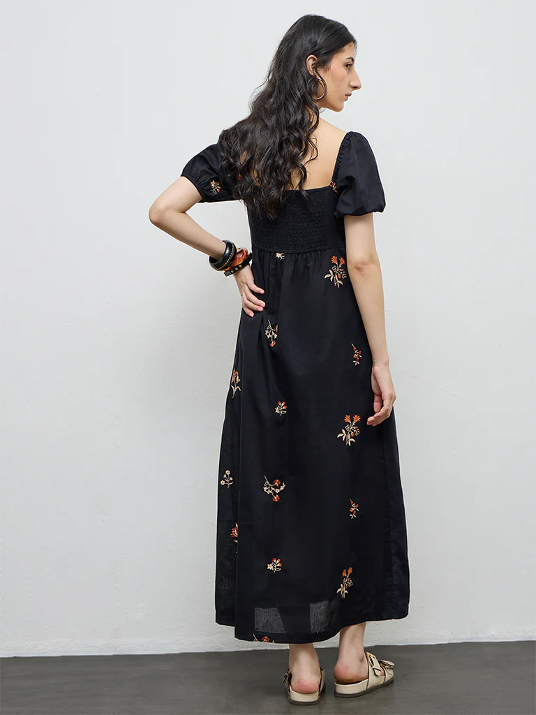 Bombay Paisley Black Embroidered Cotton A-Line Dress - Image 4