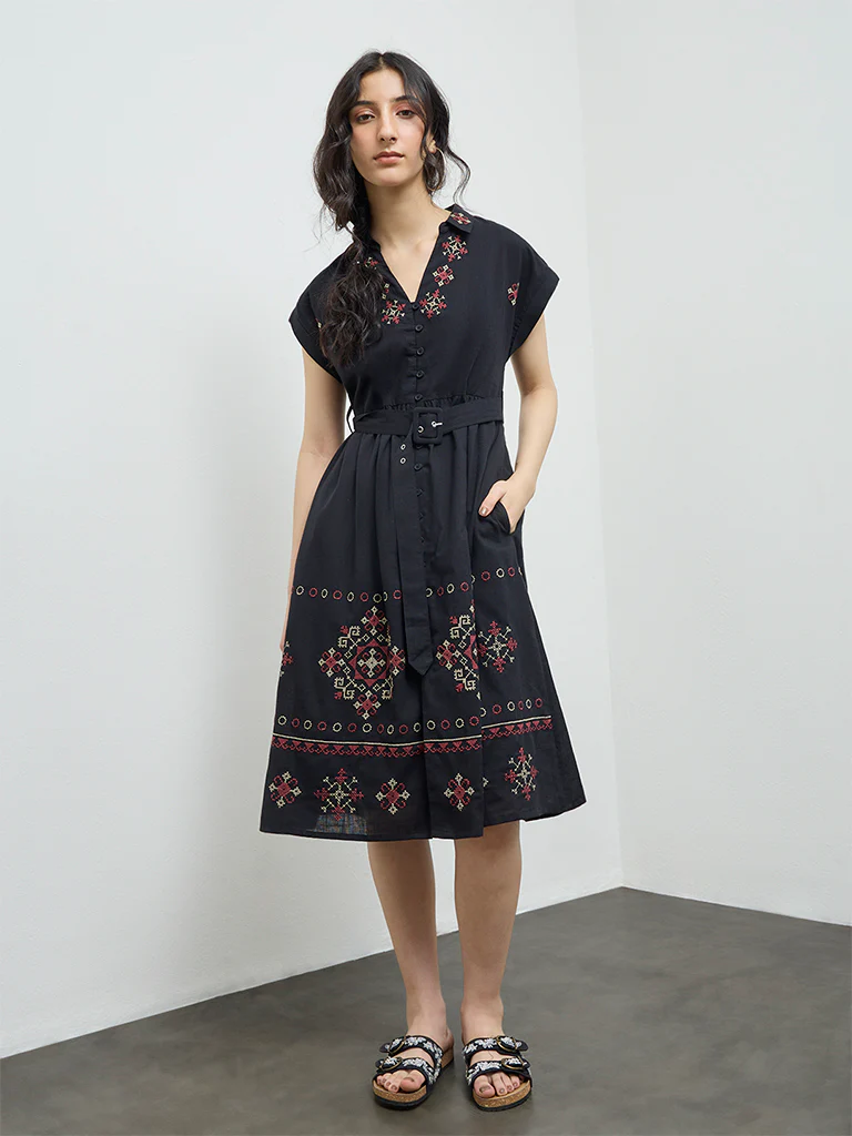 Bombay Paisley Black Embroidered Cotton A-Line Dress with Belt - Image 2