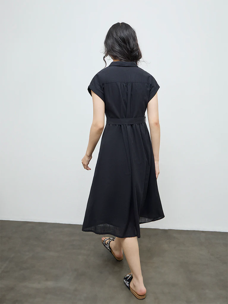 Bombay Paisley Black Embroidered Cotton A-Line Dress with Belt - Image 4