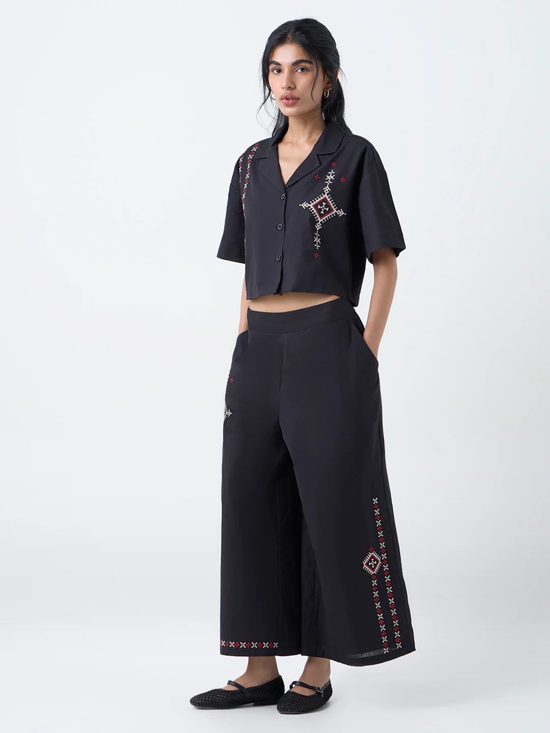 Bombay Paisley Black Embroidered Cotton-Blend Pants