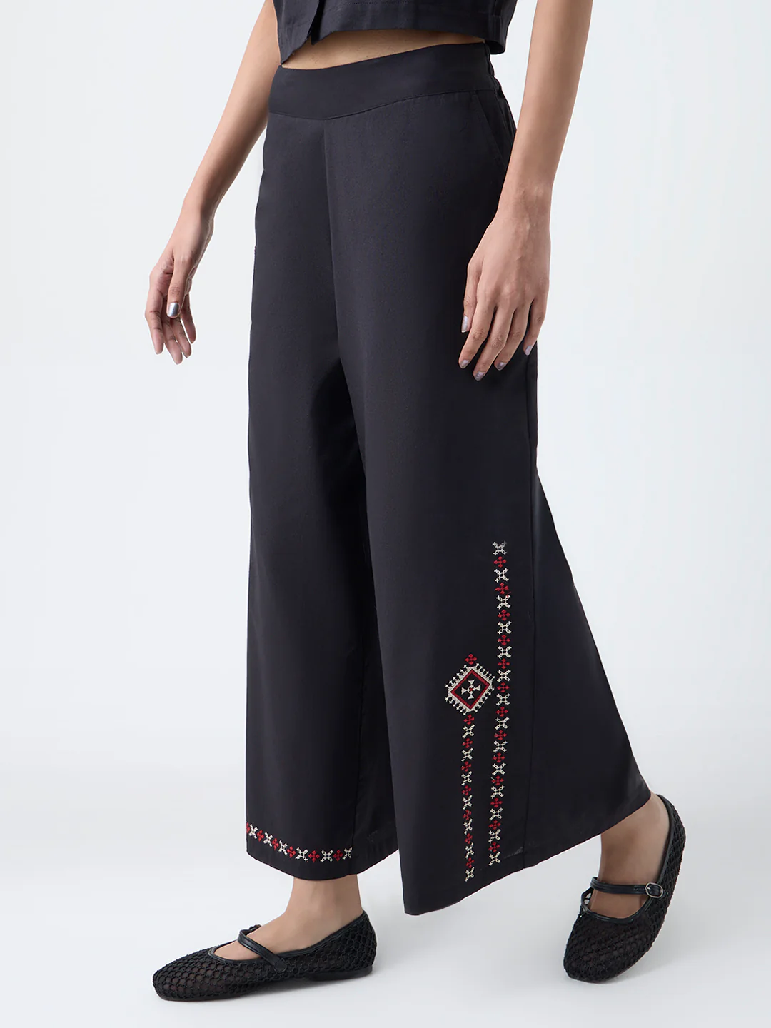 Bombay Paisley Black Embroidered Cotton-Blend Pants - Image 2