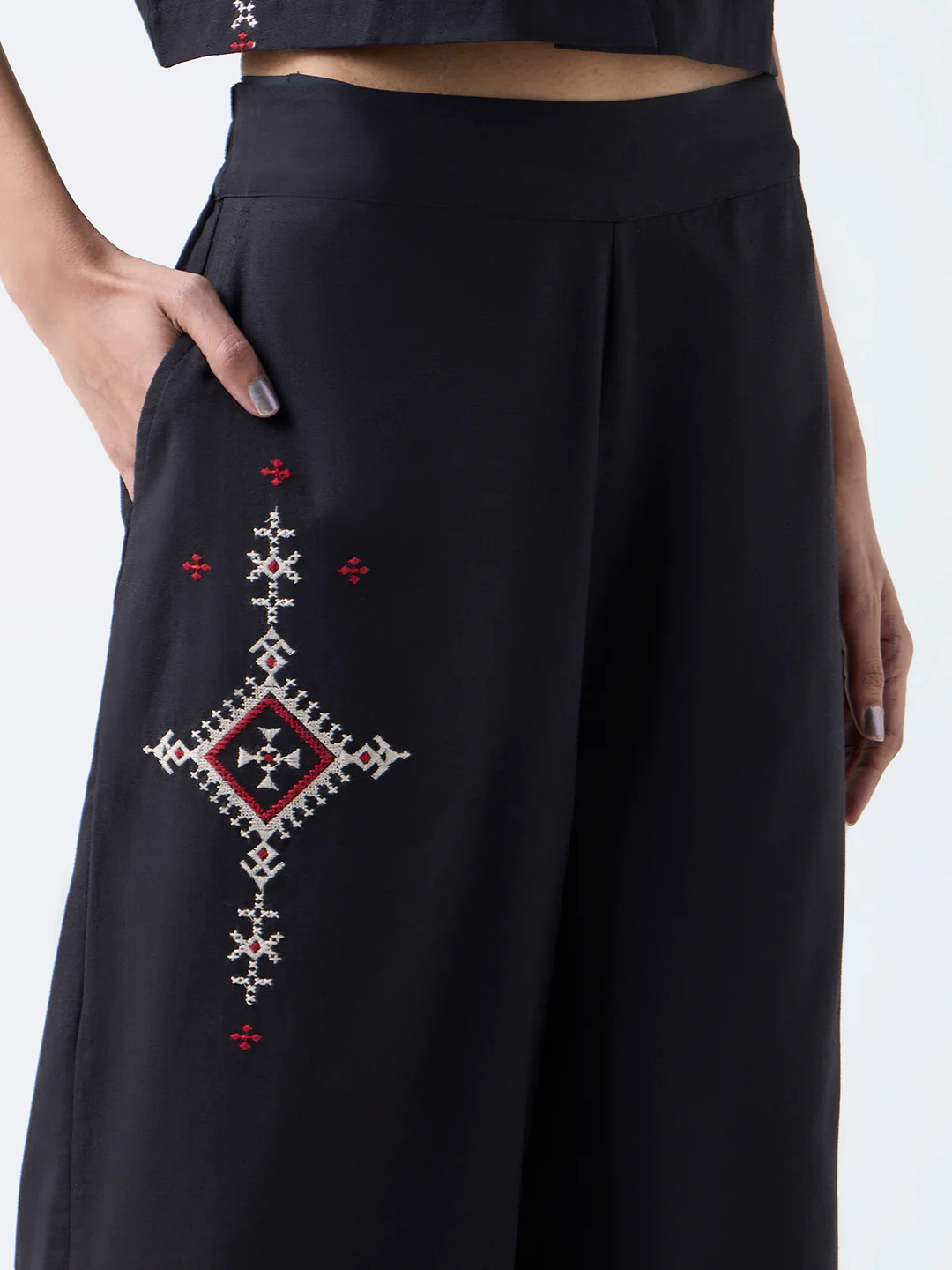 Bombay Paisley Black Embroidered Cotton-Blend Pants - Image 3