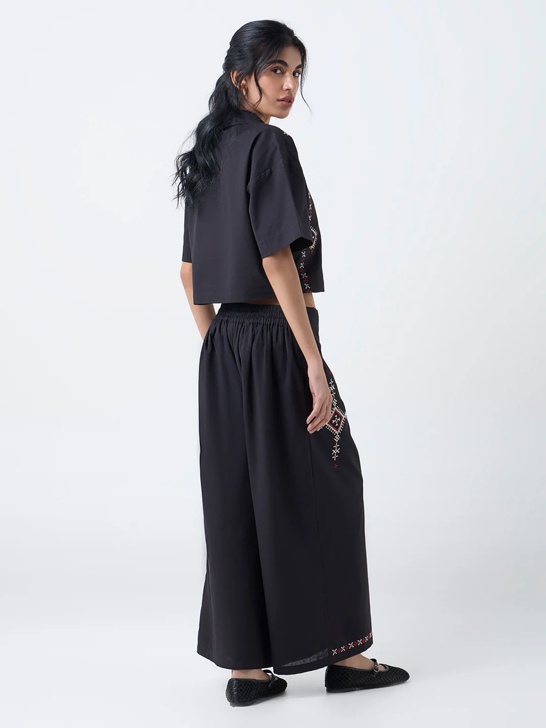 Bombay Paisley Black Embroidered Cotton-Blend Pants - Image 4