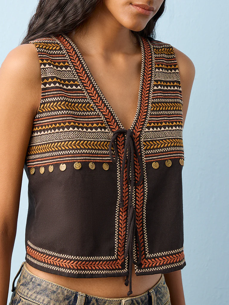 Bombay Paisley Black Embroidered Cotton-Blend Top - Image 3