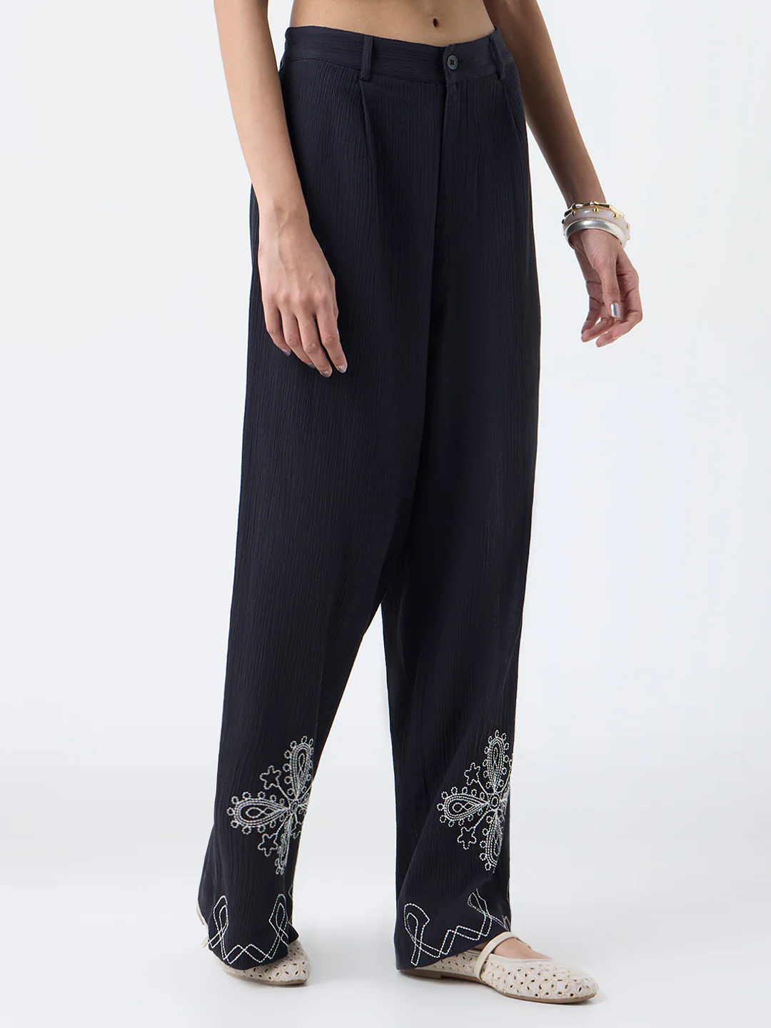 Bombay Paisley Black Embroidered Cotton Pants - Image 2