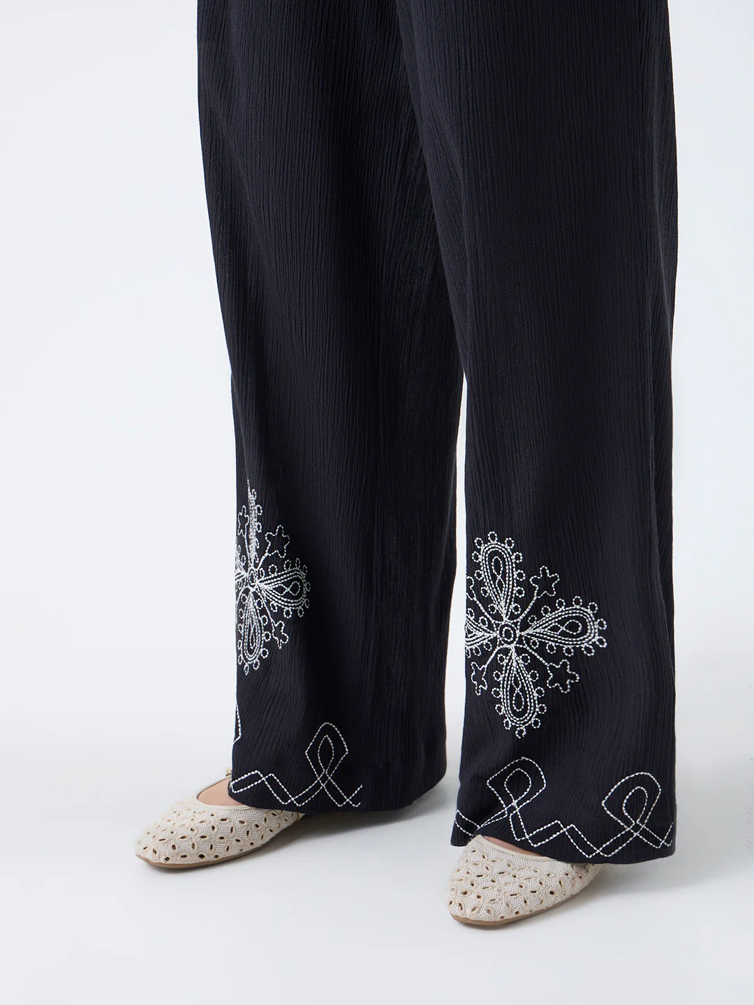 Bombay Paisley Black Embroidered Cotton Pants - Image 3