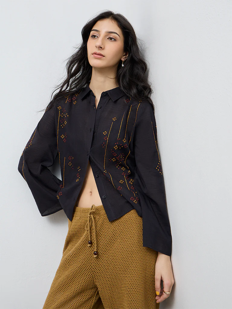 Bombay Paisley Black Embroidered Cotton Shirt - Image 2