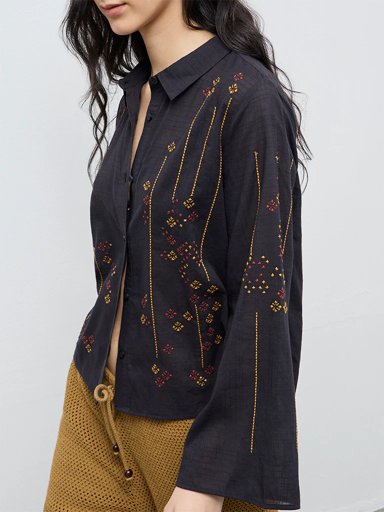 Bombay Paisley Black Embroidered Cotton Shirt - Image 3