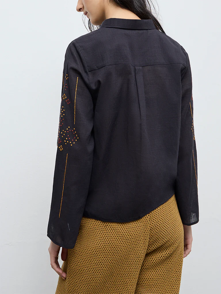 Bombay Paisley Black Embroidered Cotton Shirt - Image 4