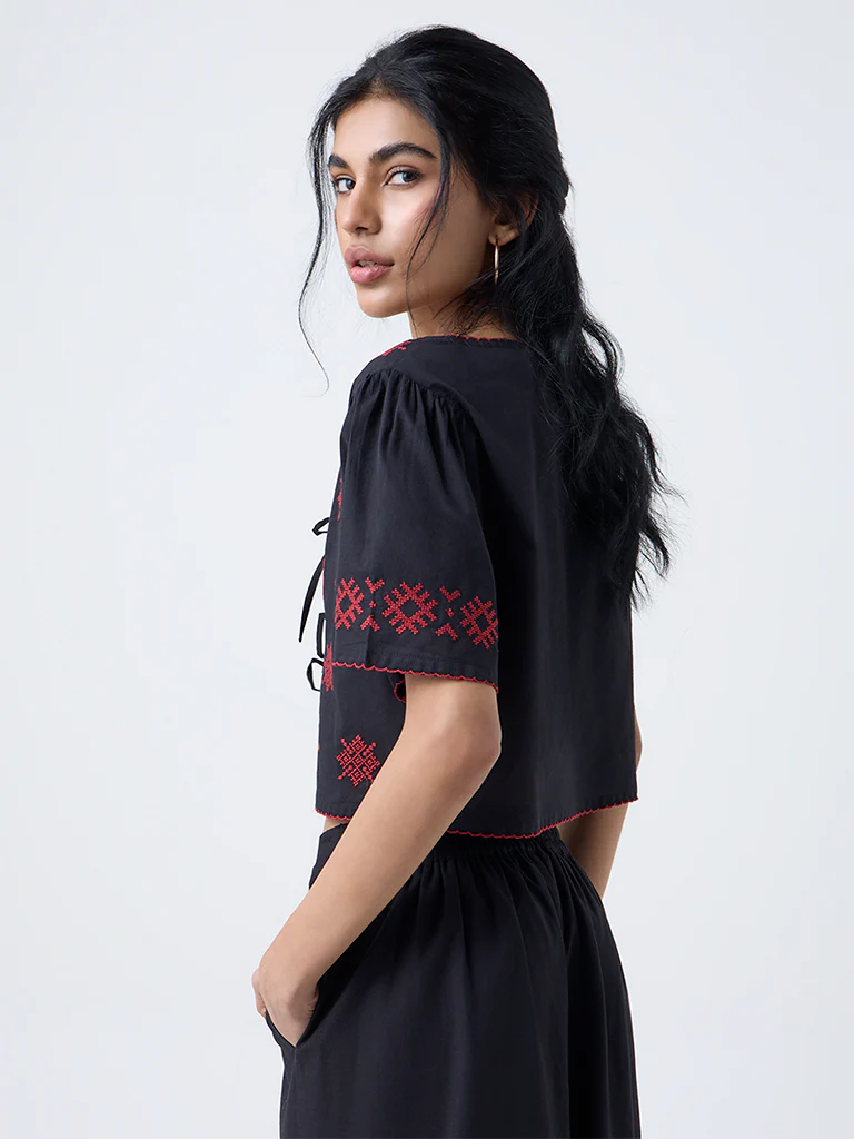 Bombay Paisley Black Embroidered Cotton Top - Image 4