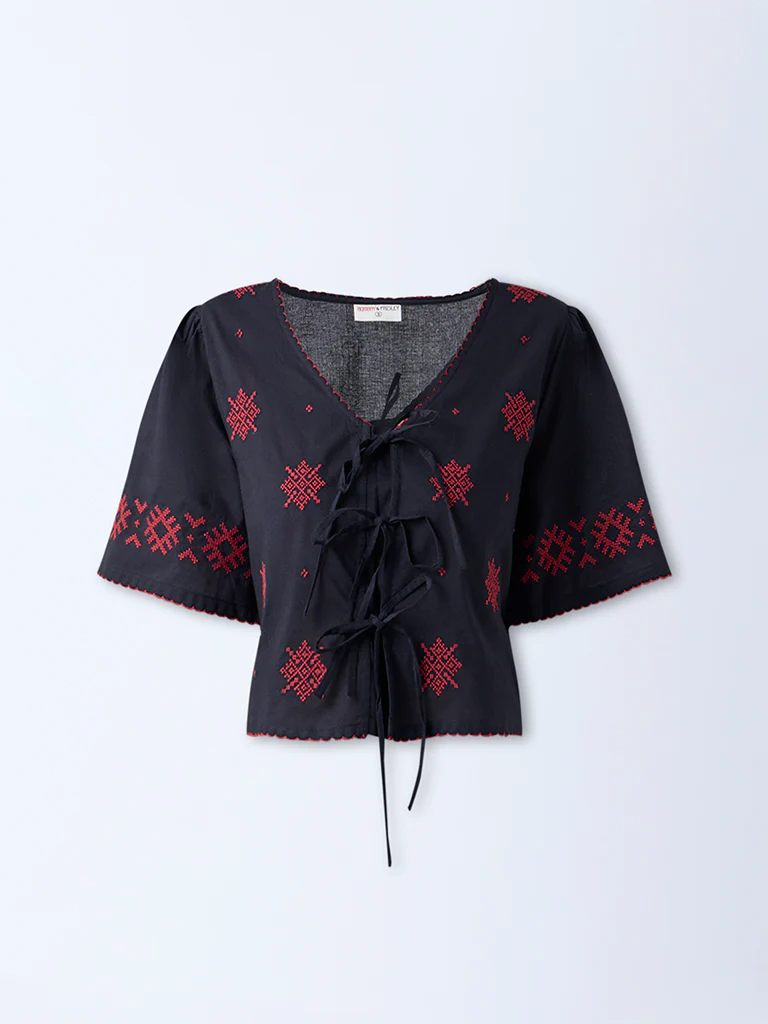 Bombay Paisley Black Embroidered Cotton Top - Image 5