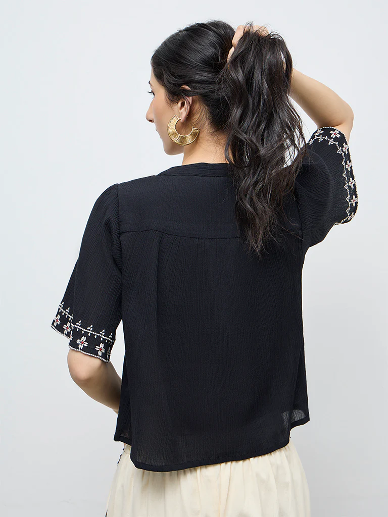 Bombay Paisley Black Embroidered Cotton Top - Image 4