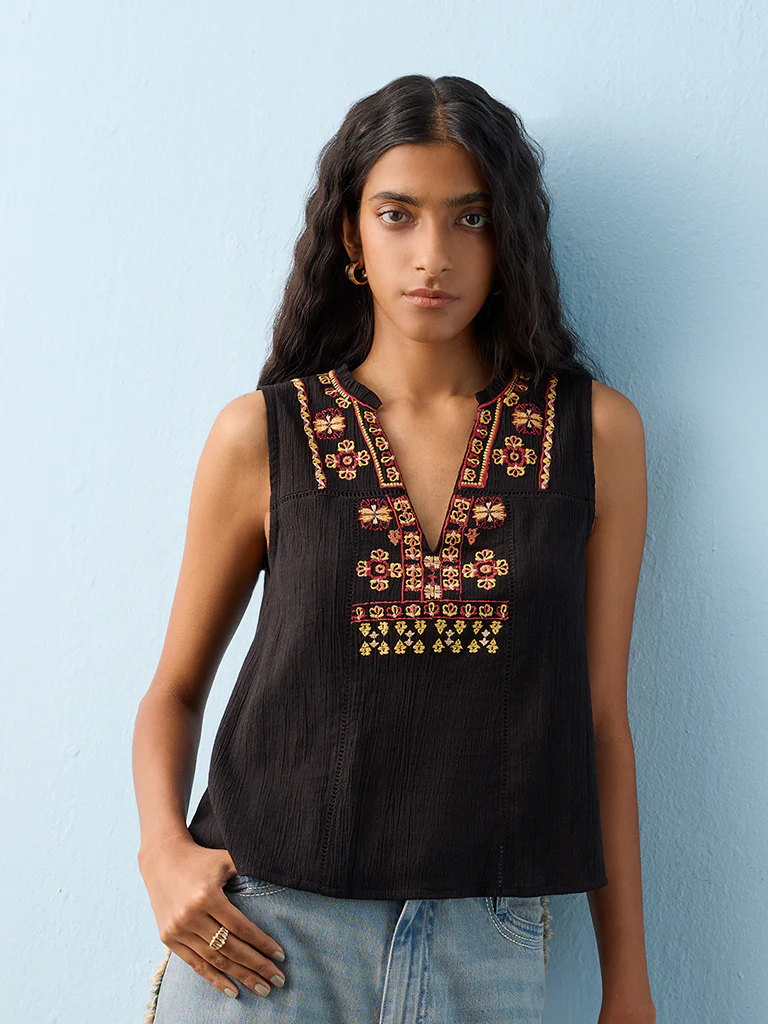 Bombay Paisley Black Embroidered Cotton Top