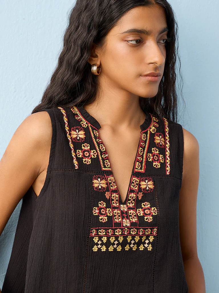 Bombay Paisley Black Embroidered Cotton Top - Image 3