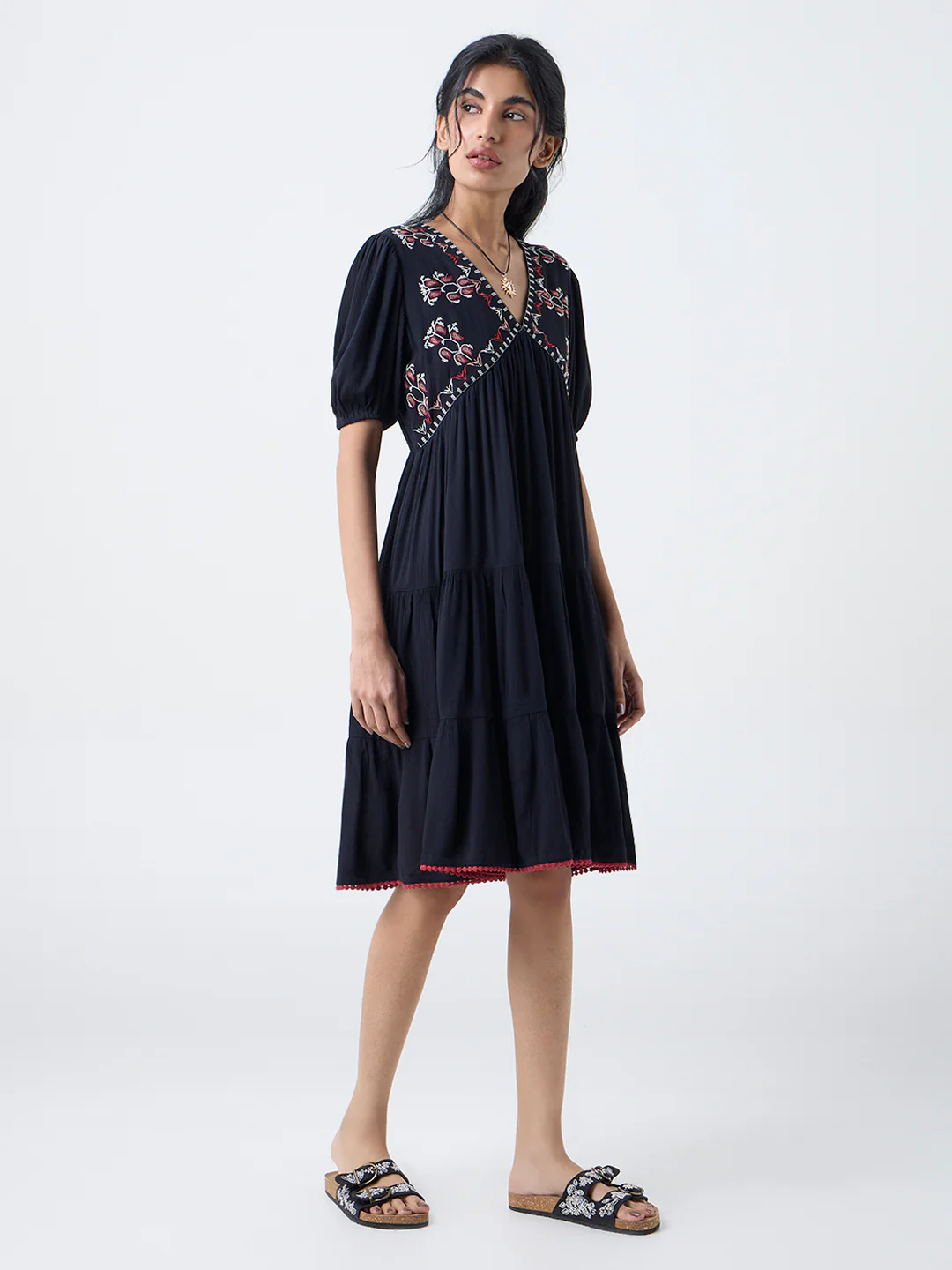 Bombay Paisley Black Embroidered Empire A-Line Dress - Image 2