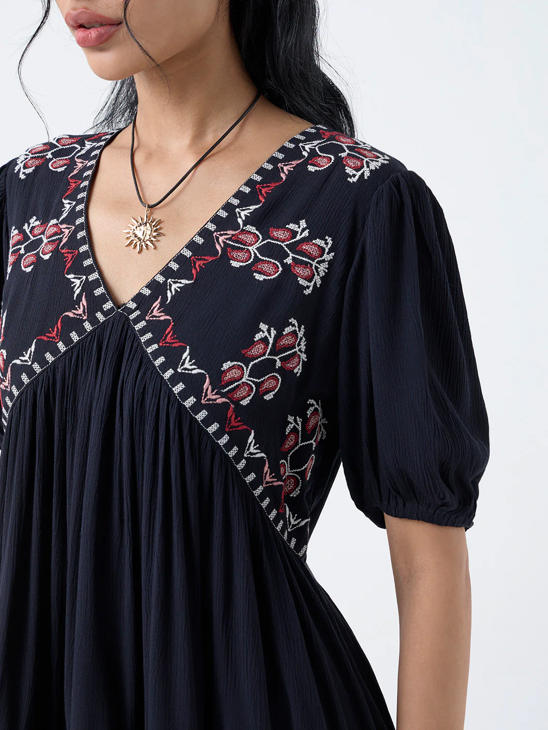 Bombay Paisley Black Embroidered Empire A-Line Dress - Image 3