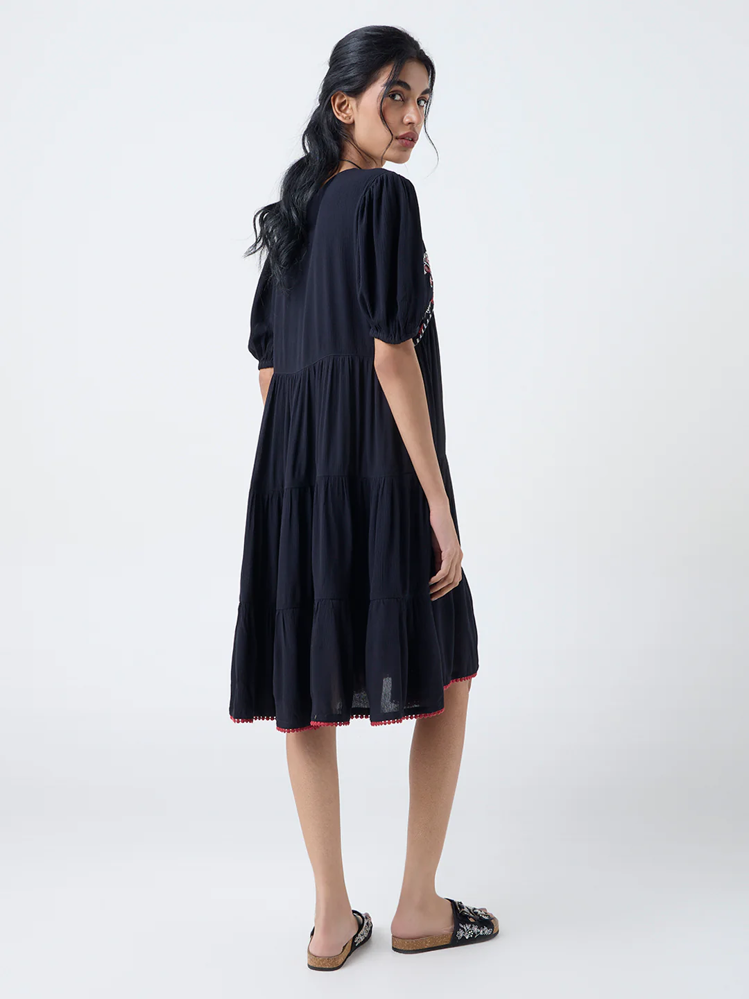 Bombay Paisley Black Embroidered Empire A-Line Dress - Image 4