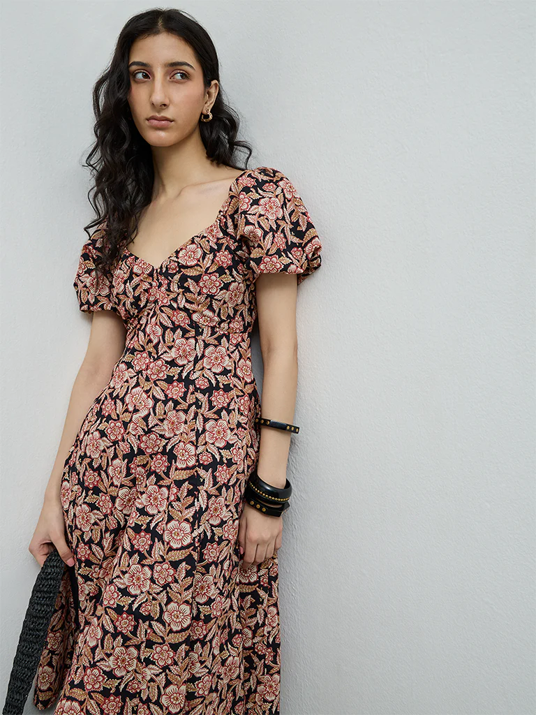 Bombay Paisley Black Floral Design Cotton A-Line Dress - Image 2