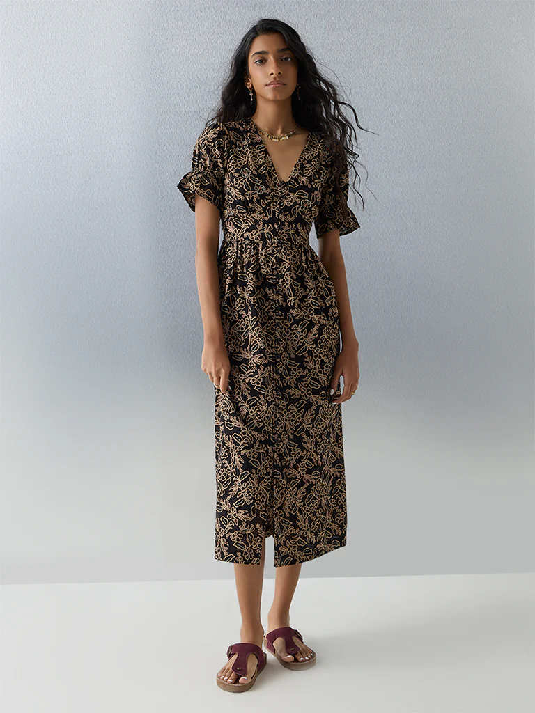 Bombay Paisley Black Floral Embroidered Cotton A-Line Dress
