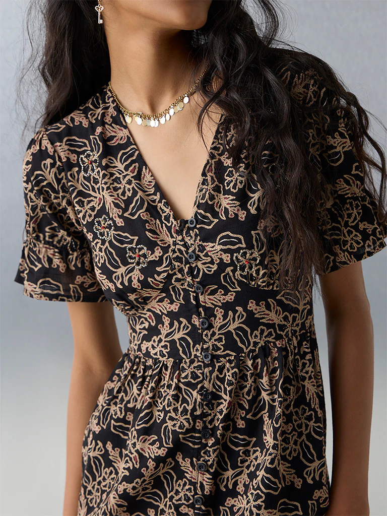 Bombay Paisley Black Floral Embroidered Cotton A-Line Dress - Image 3