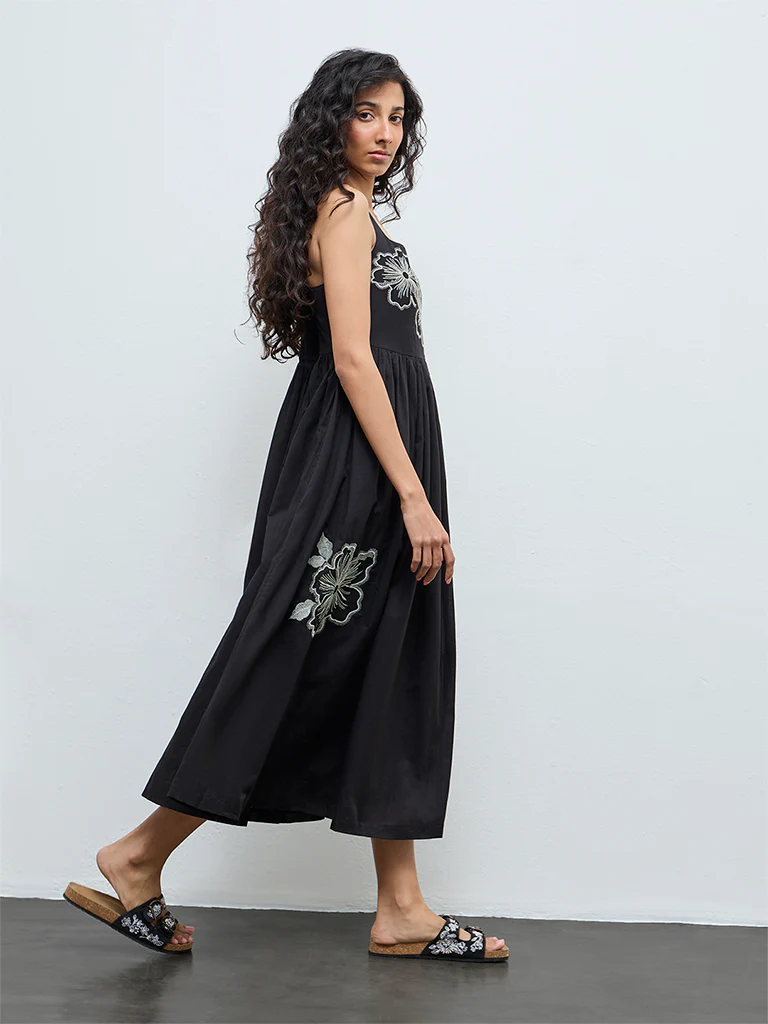 Bombay Paisley Black Floral Embroidered Cotton A-Line Dress