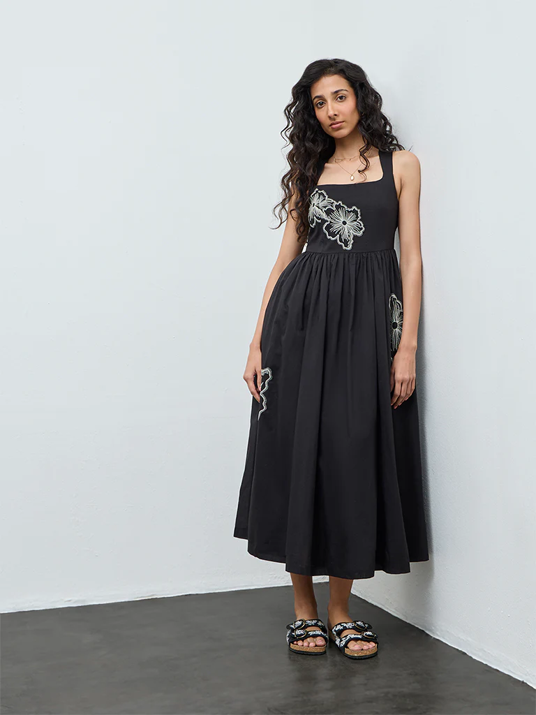 Bombay Paisley Black Floral Embroidered Cotton A-Line Dress - Image 2