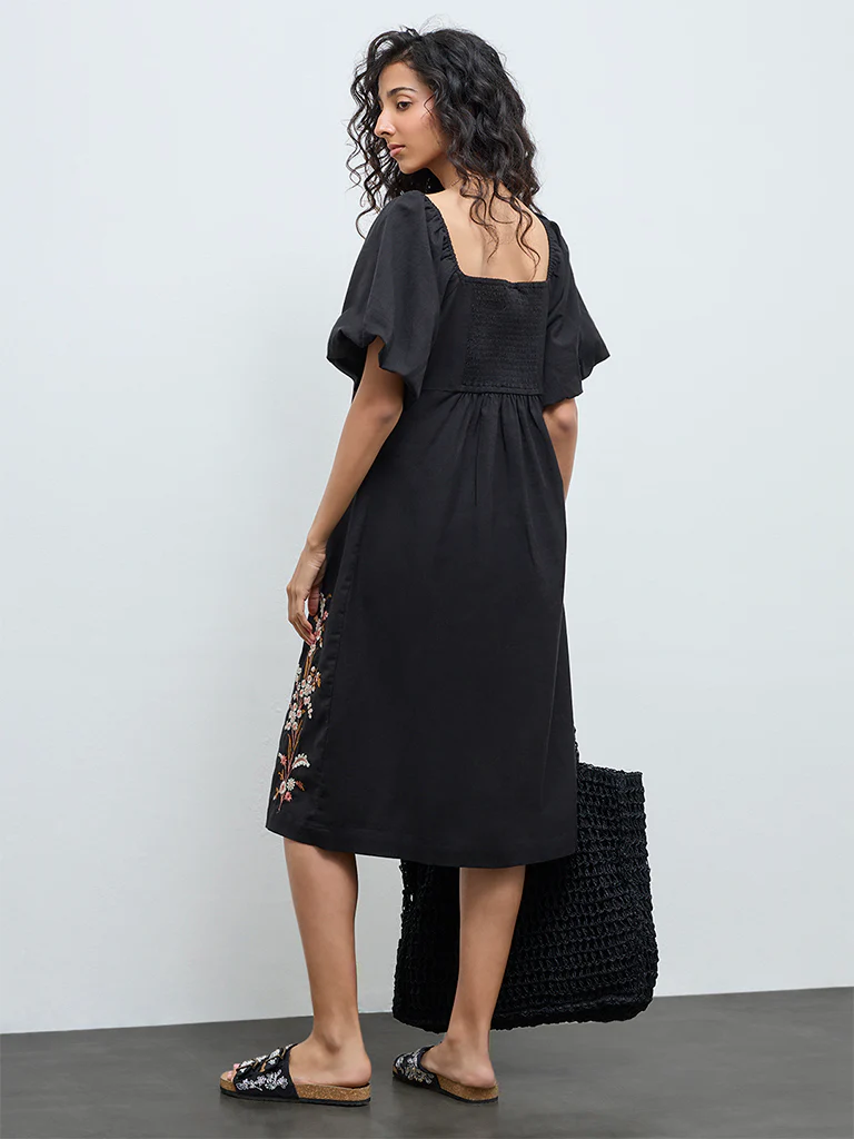Bombay Paisley Black Floral Embroidered Cotton-Blend A-Line Dress - Image 4