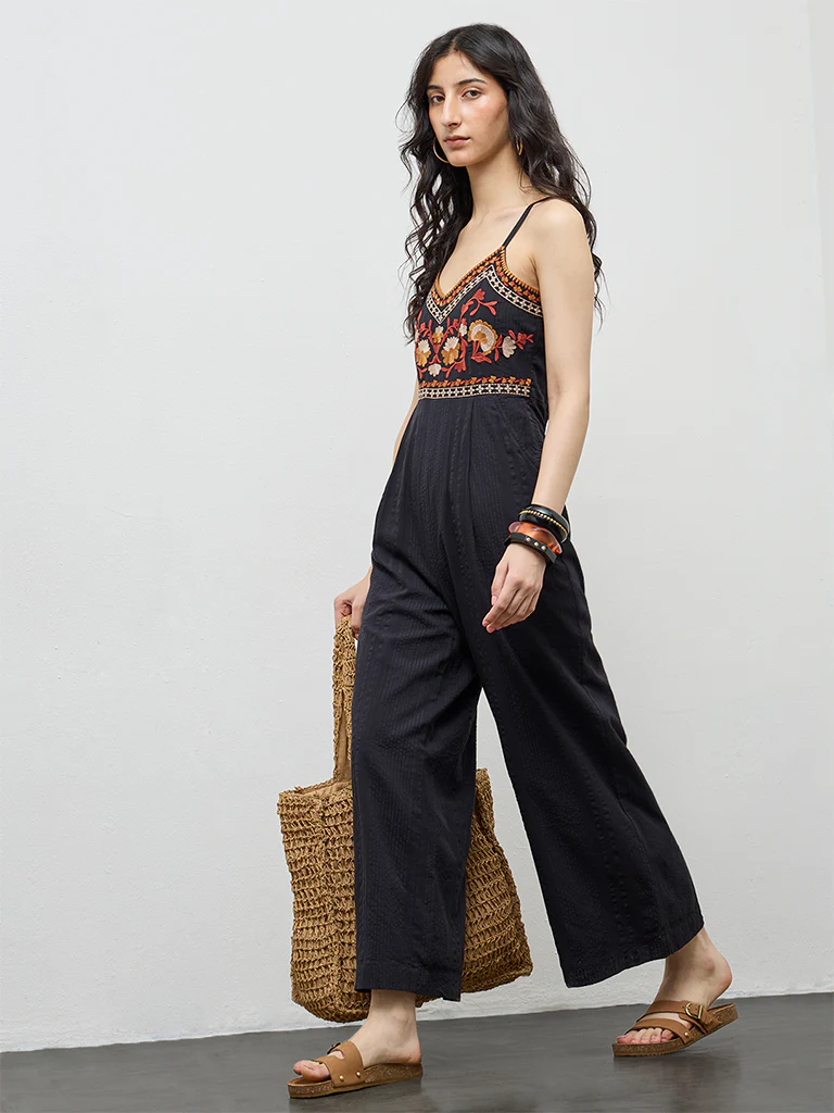 Bombay Paisley Black Floral Embroidered Cotton Jumpsuit - Image 2
