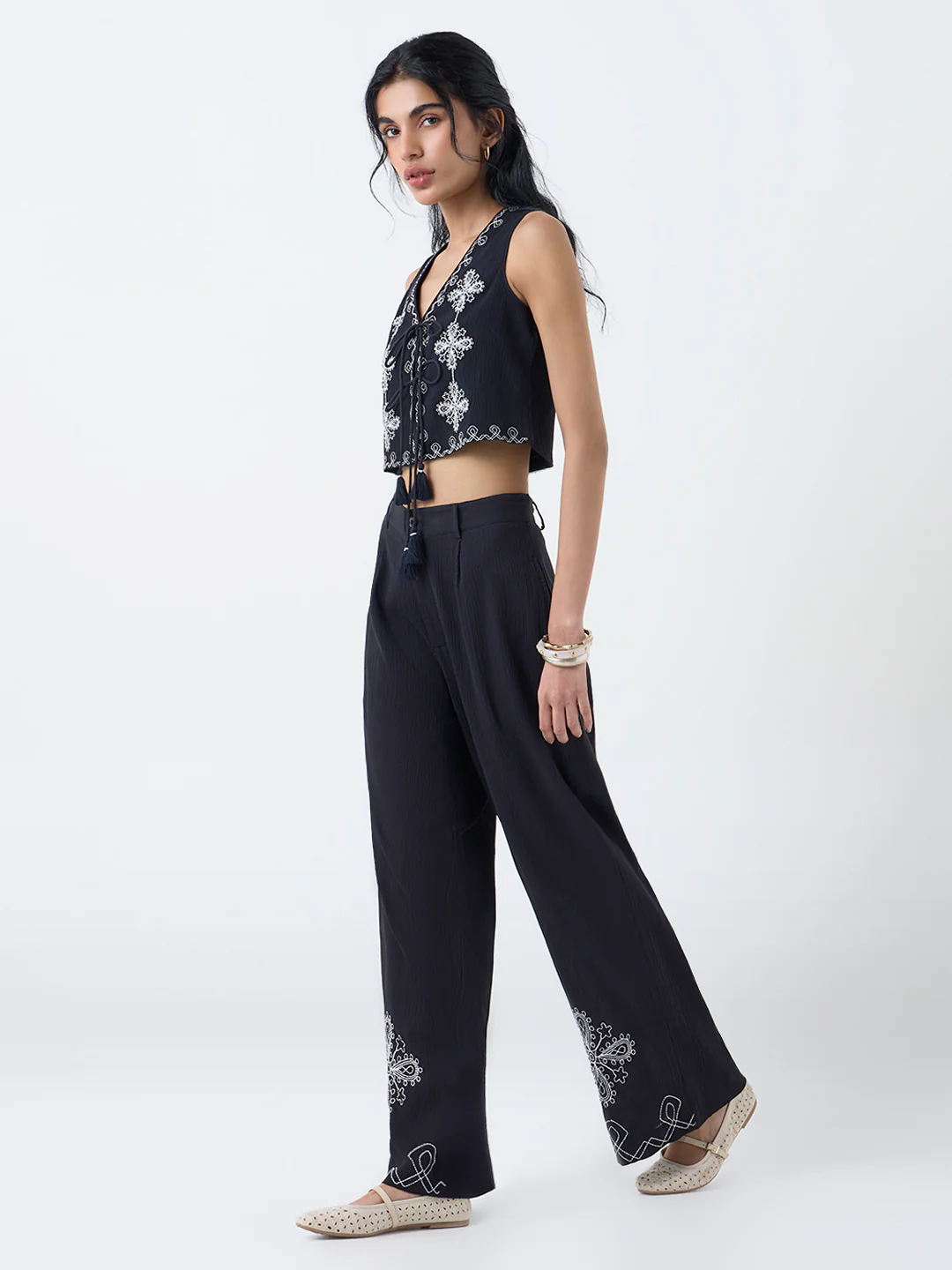 Bombay Paisley Black Floral Embroidered Cotton Vest Top - Image 2