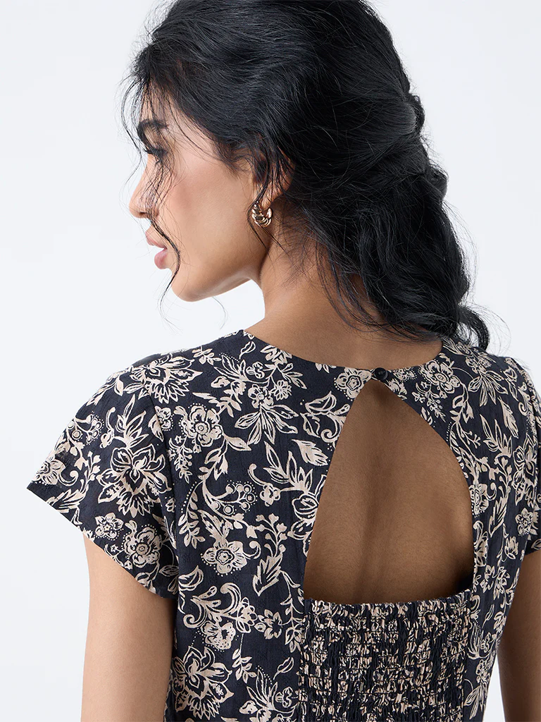 Bombay Paisley Black Foliage Design Cotton A-Line Dress - Image 3