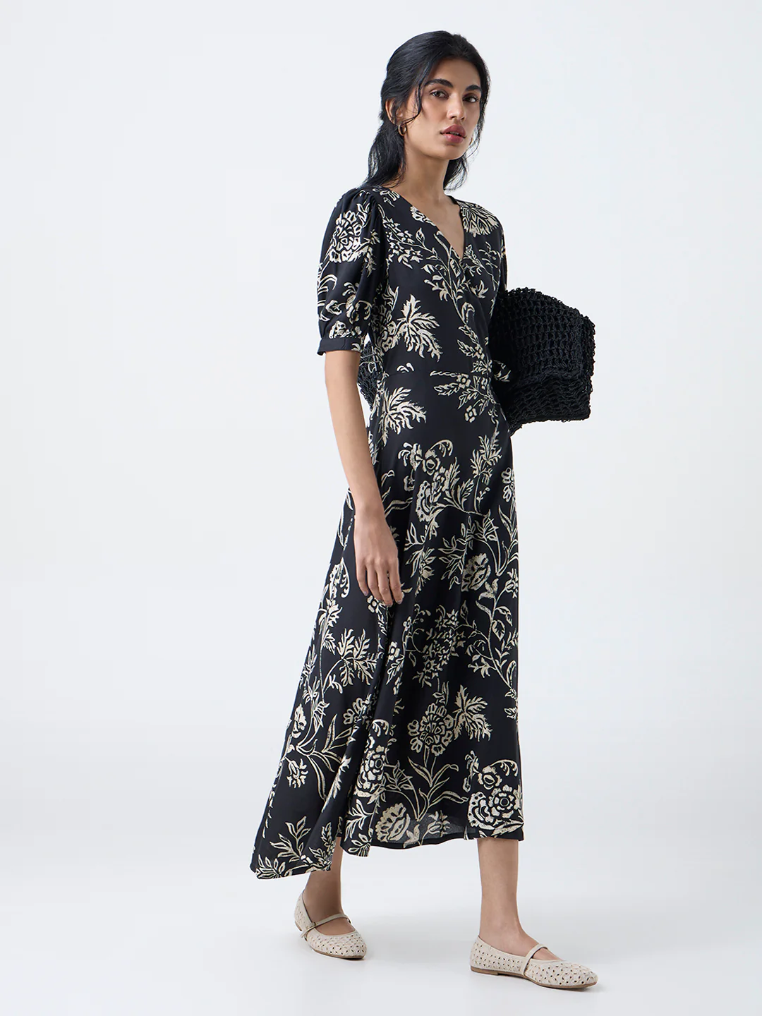 Bombay Paisley Black Foliage Pattern Wrap-Style Dress - Image 2