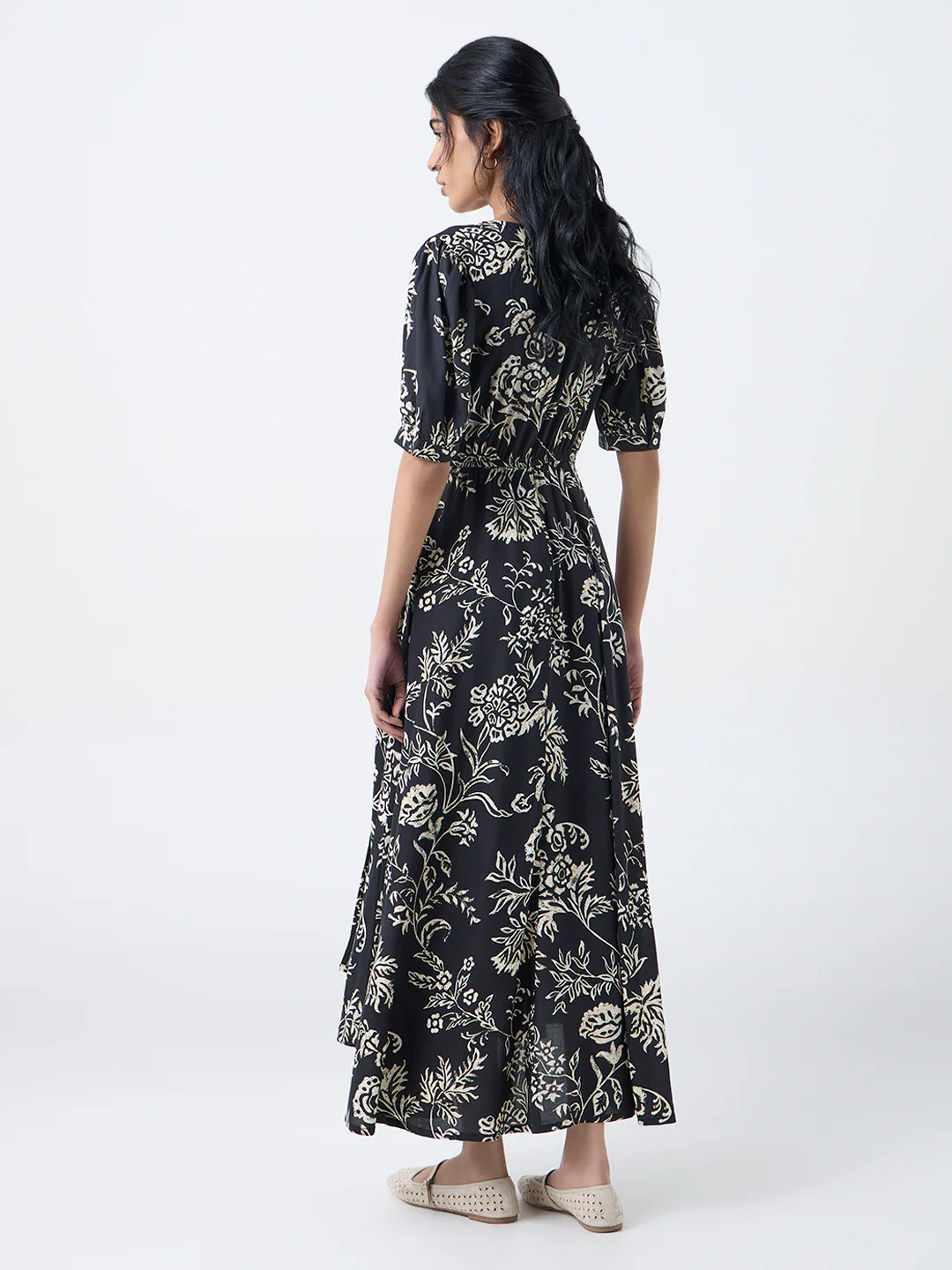 Bombay Paisley Black Foliage Pattern Wrap-Style Dress - Image 4