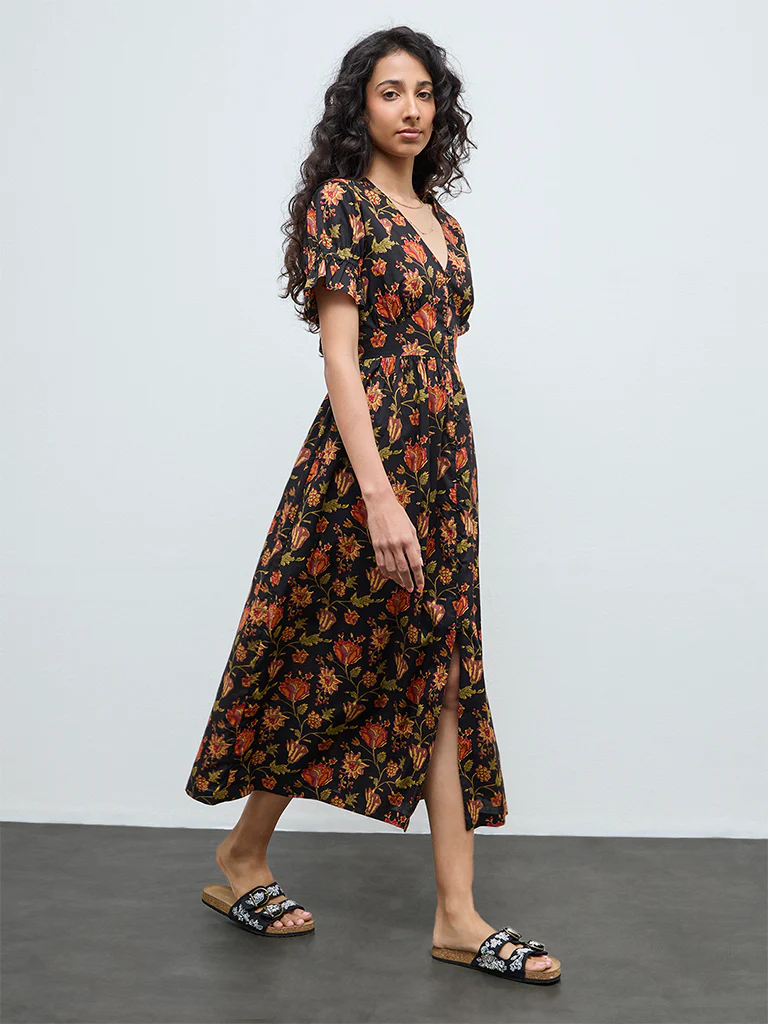 Bombay Paisley Black Foliage Printed Cotton A-Line Dress - Image 2