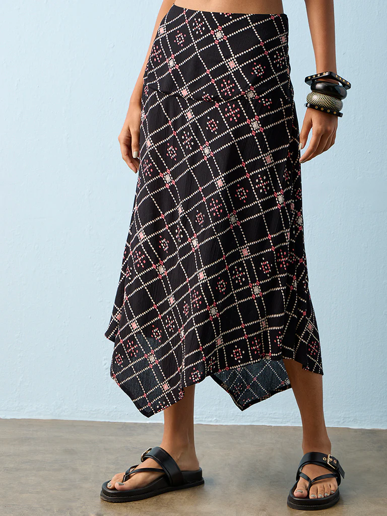 Bombay Paisley Black Printed Asymmetrical Cotton-Blend Skirt - Image 2