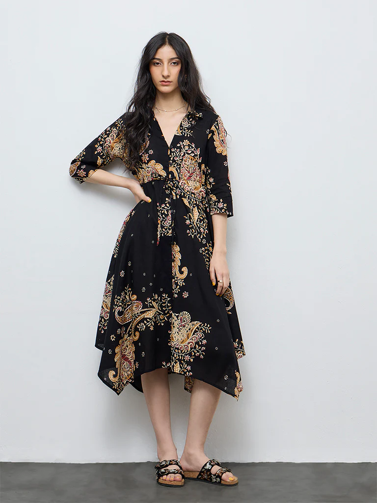 Bombay Paisley Black Printed Cotton Asymmetrical Dress - Image 2