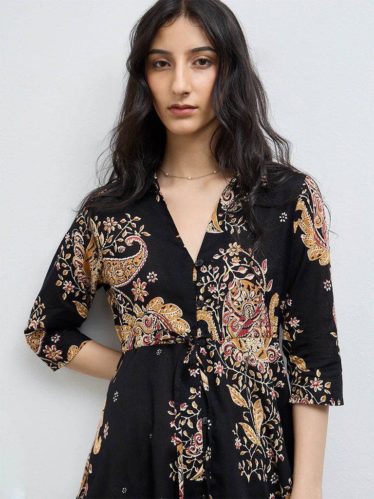 Bombay Paisley Black Printed Cotton Asymmetrical Dress - Image 3