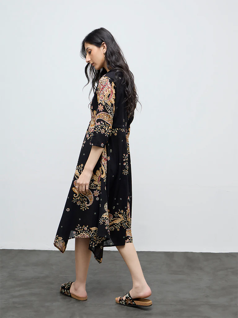 Bombay Paisley Black Printed Cotton Asymmetrical Dress - Image 4