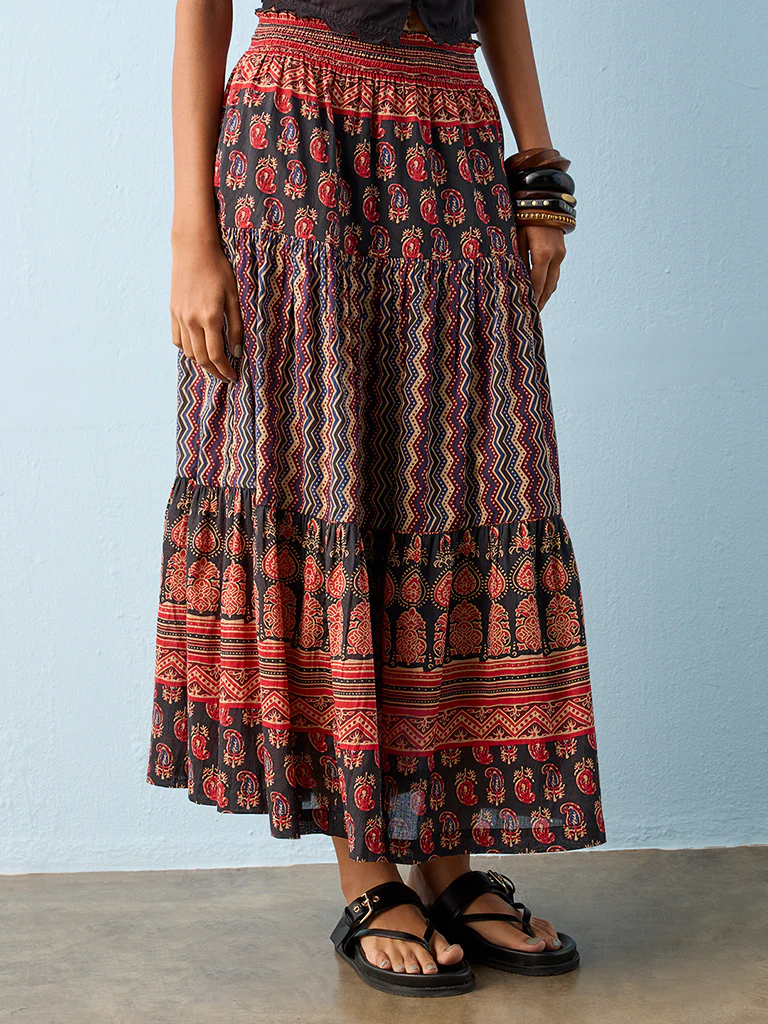 Bombay Paisley Black Printed Cotton Skirt - Image 2