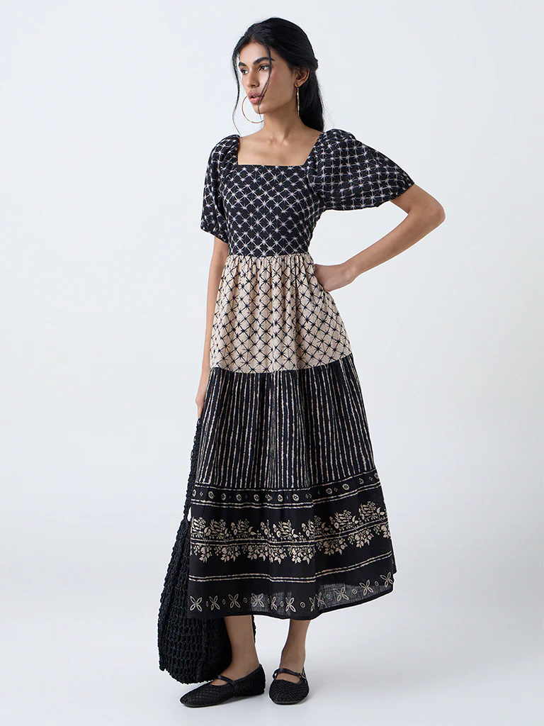 Bombay Paisley Black Printed Cotton Tiered Dress - Image 2