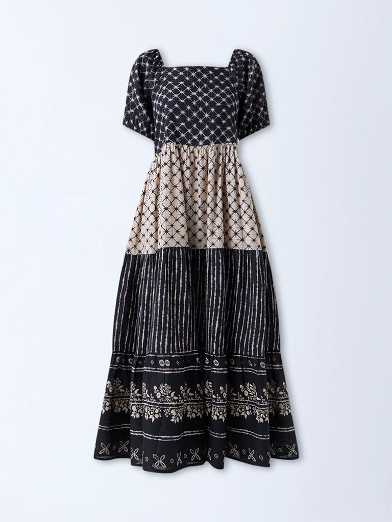 Bombay Paisley Black Printed Cotton Tiered Dress - Image 5
