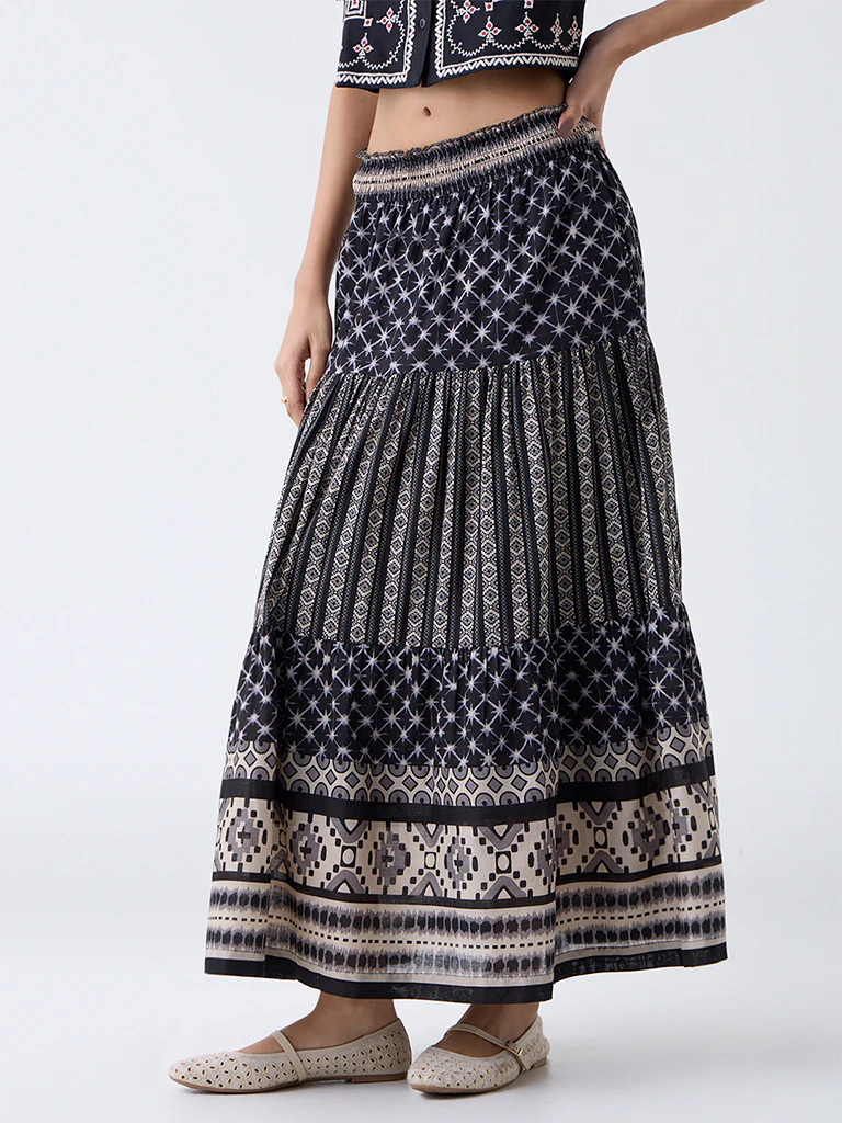 Bombay Paisley Black Printed Tiered Cotton Skirt - Image 2