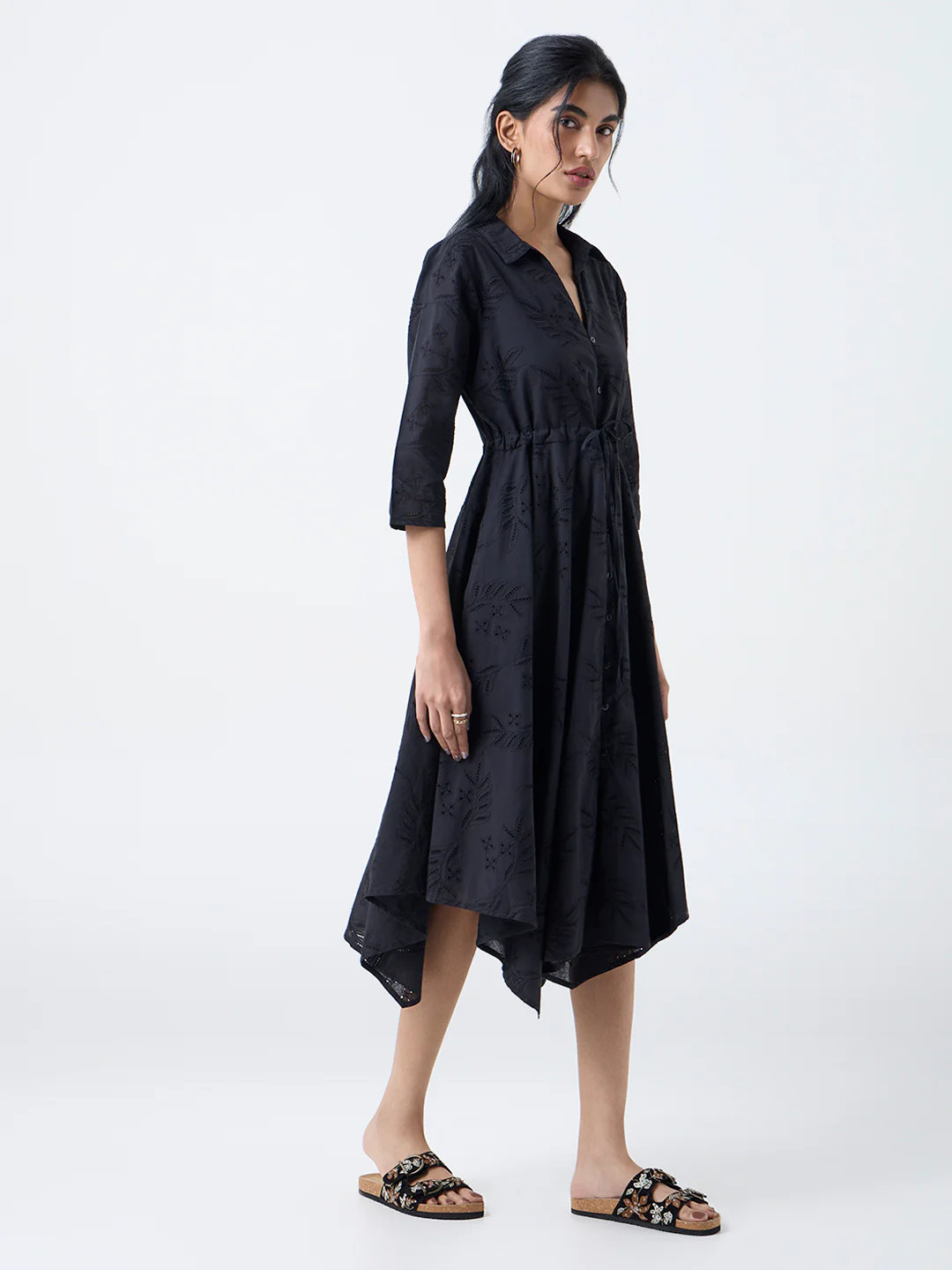 Bombay Paisley Black Schiffli Cotton Asymmetric Dress - Image 2