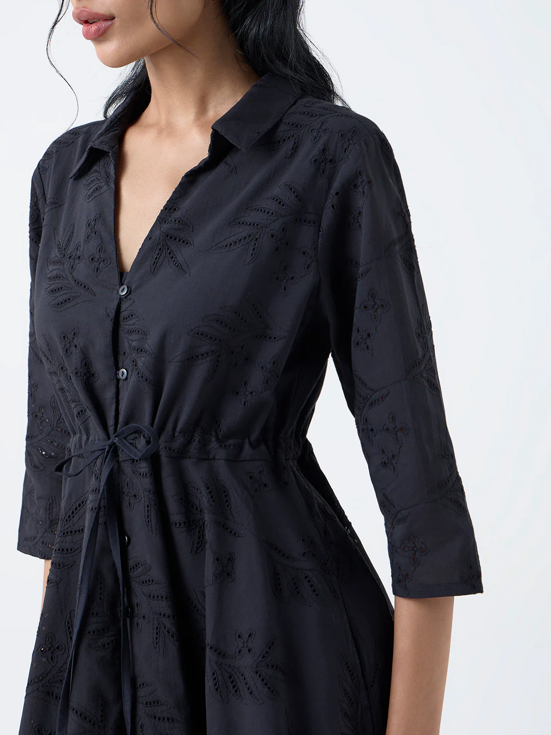 Bombay Paisley Black Schiffli Cotton Asymmetric Dress - Image 3