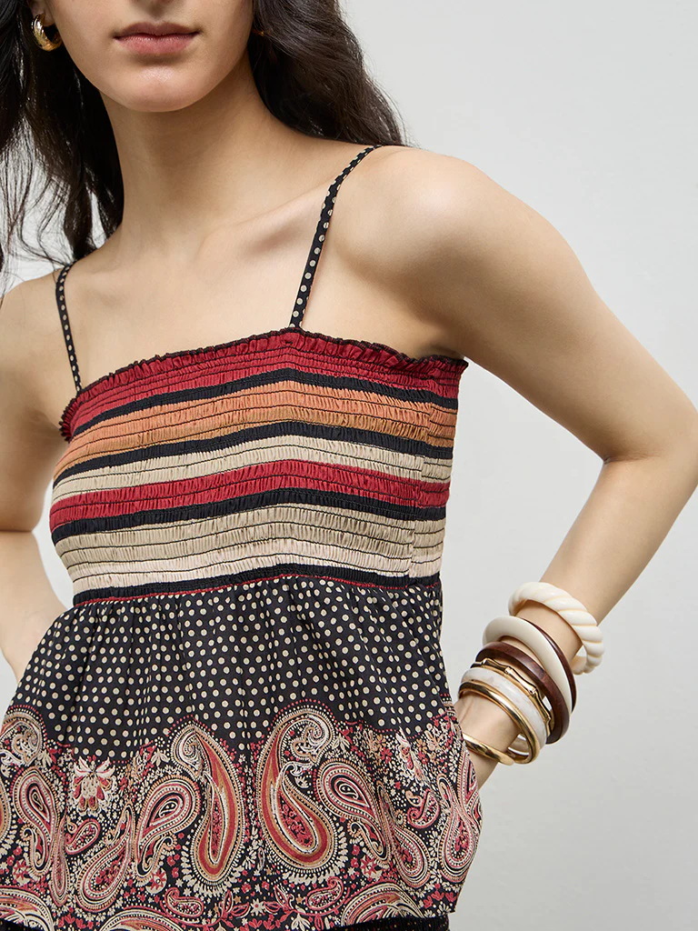 Bombay Paisley Black Smocked Cotton Top - Image 3