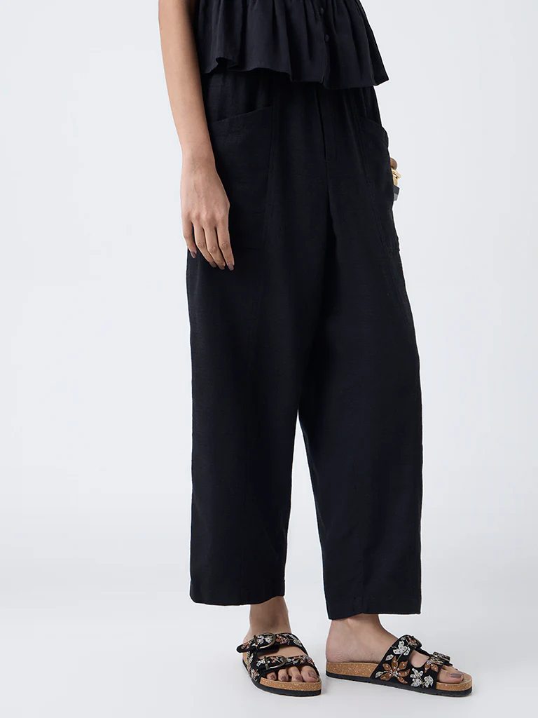 Bombay Paisley Black Solid Cotton-Blend Pants - Image 2